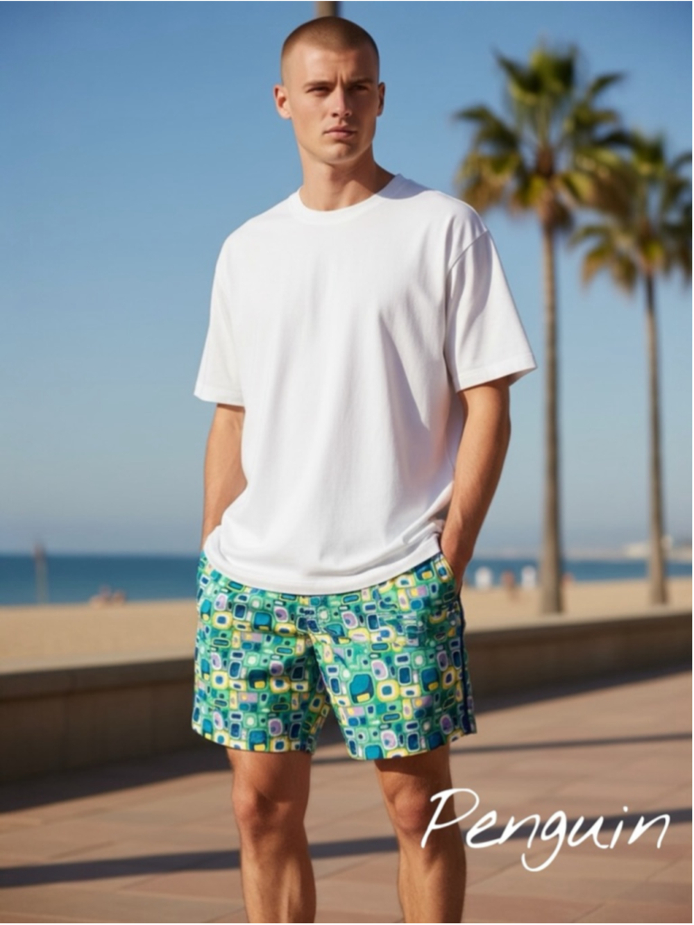 Penguin Green Blue Patterned Swim Trunks Shorts Sz 31